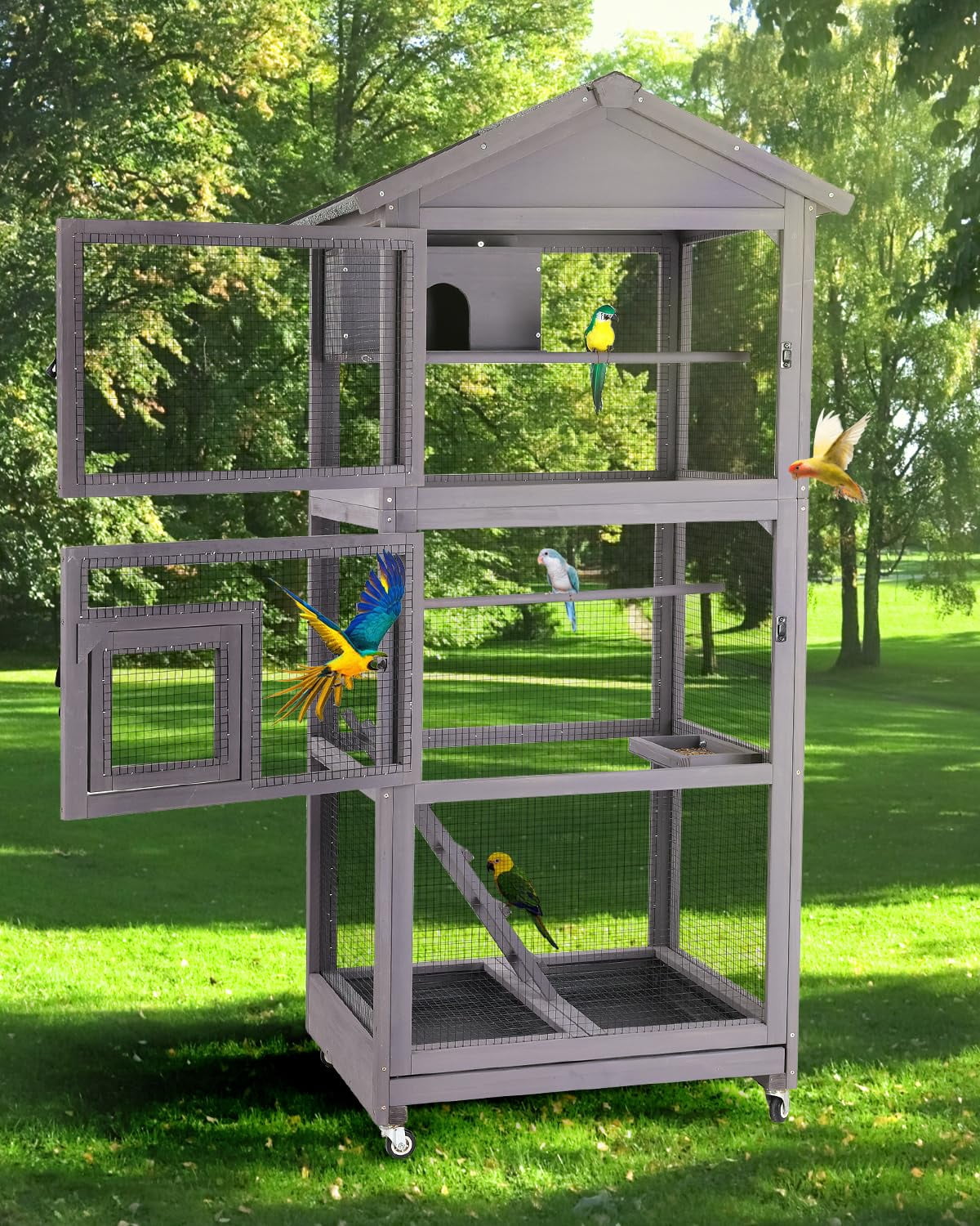 Aivituvin Wooden Large Bird Cage with Wheels – Mobile Outdoor Aviary with Play Stand, Perches & Nest, Easy-Clean Mesh Design