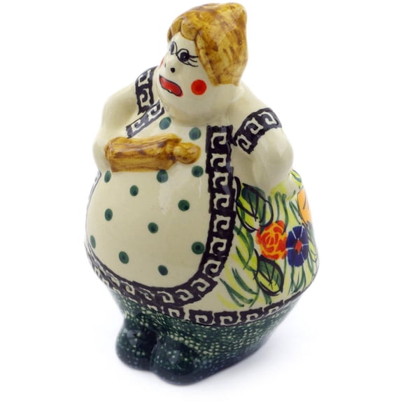 Polish Pottery 5¾-inch Housekeeper Figurine (Yellow Flower Theme) Signature UNIKAT Hand Painted in Boleslawiec, Poland   Certificate of Authenticity