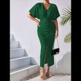 thumbnail image 4 of Vestido de Cóctel para Mujer, con Efecto Metalizado, Cruzado, Color Liso, Escote en V, Plisado, Abertura Alta, Corta, Midi, Verde, Talla S, 4 of 9