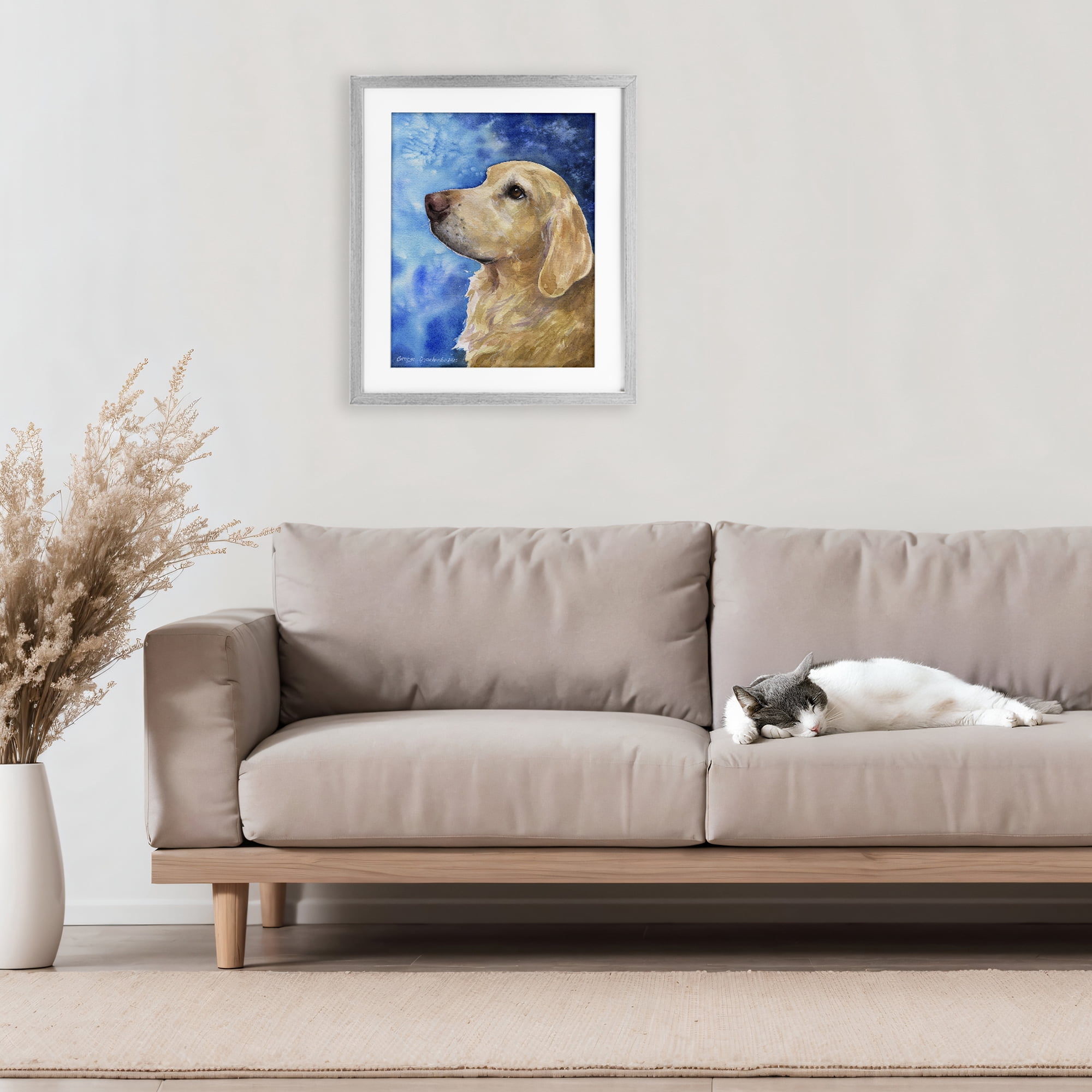 Stupell Industries Golden Retriever Portrait on Azure Gray Framed Print Under Glass, design by George Dyachenko