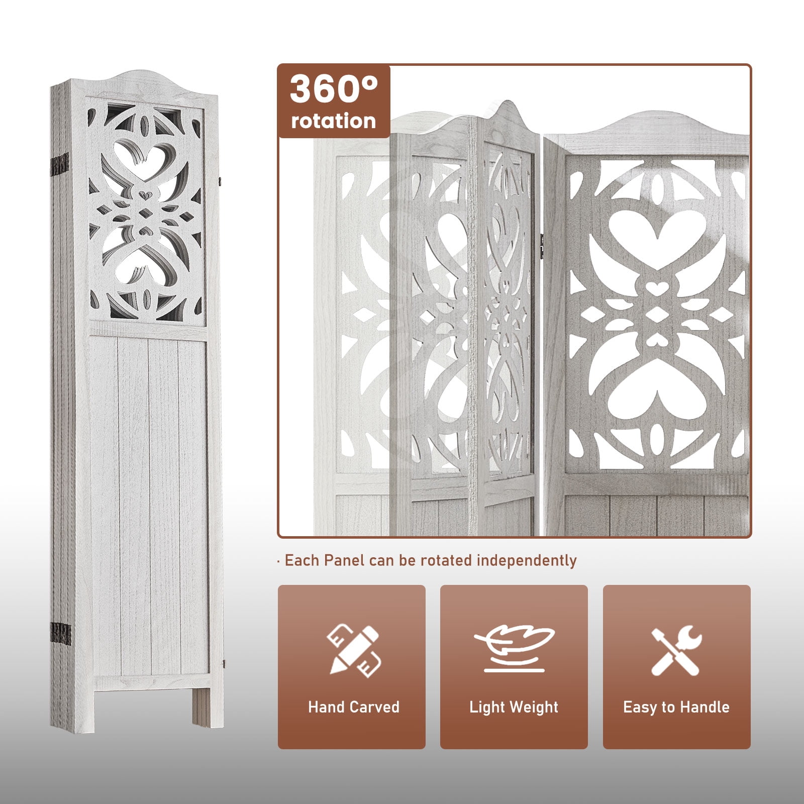 Aletheiawu 4 Panel Wood Room Dividers and Folding Screens, No Installation Required, Rustic White