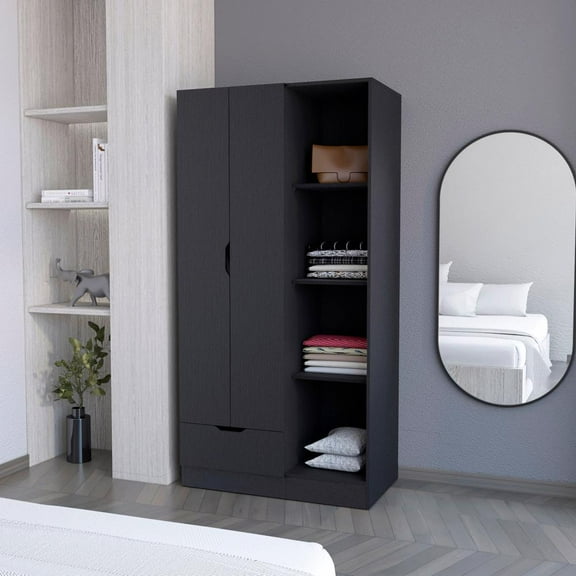 FM FURNITURE LLC Redmond Armoire with Single Drawer, 4 Storage Shelves and Hanging Rod