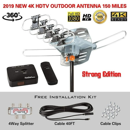 Five Star Outdoor HDTV Antenna 2019 Newest Model Up to 150 Miles Long Range with Motorized 360 Degree Rotation, UHF/VHF/FM Radio with Infrared Remote Control Advanced Design Plus Installation
