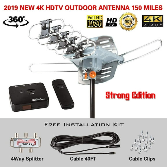 Five Star Ultimate360 Pro Outdoor HDTV Antenna - 150 Miles Long Range with Motorized 360 Degree Rotation, UHF/VHF/FM Radio and Infrared Remote Control - Advanced Design Installation Kit
