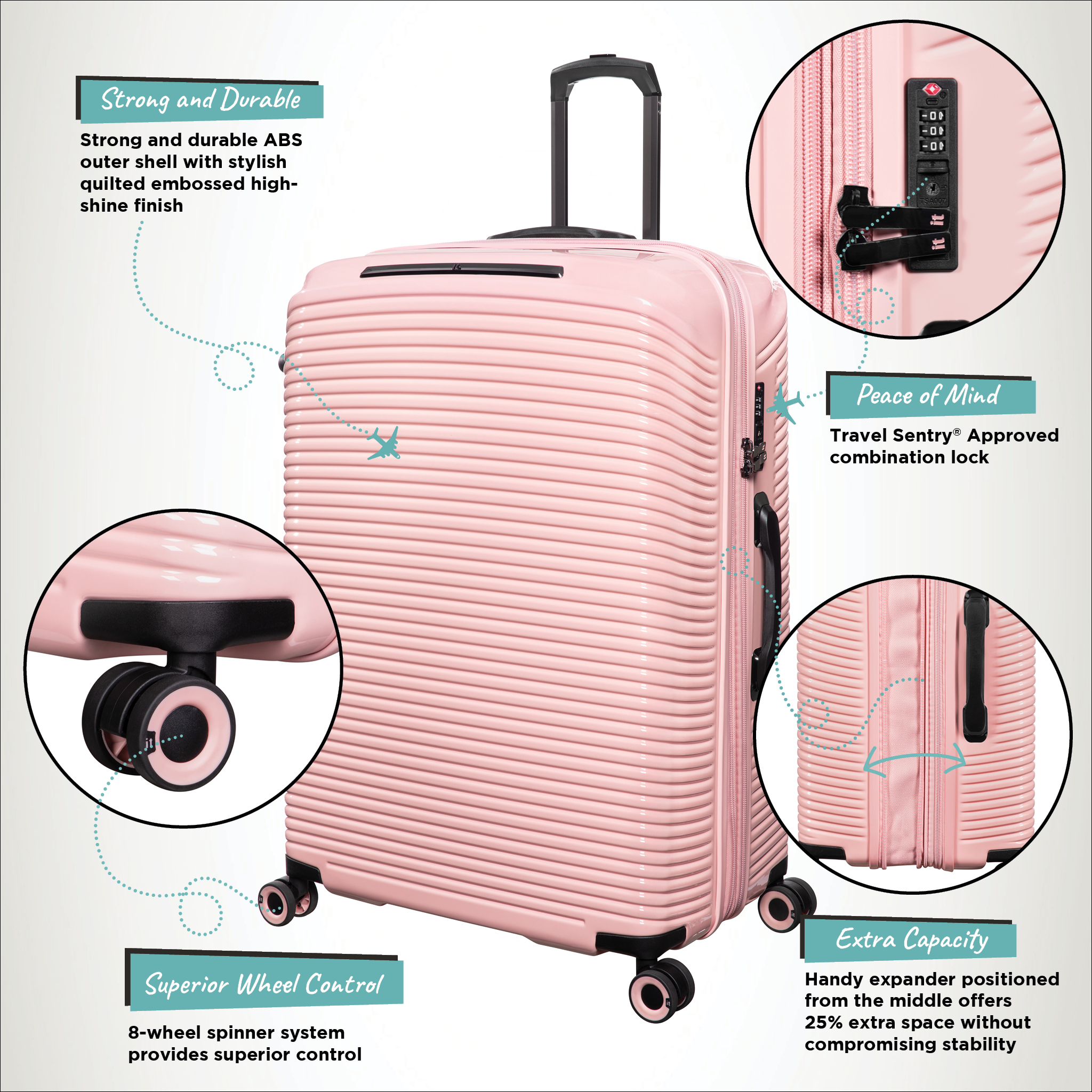 it luggage Traversed 28" Hardside Checked 8 Wheel Expandable Luggage Suitcase Spinner, Metallic Rose Gold