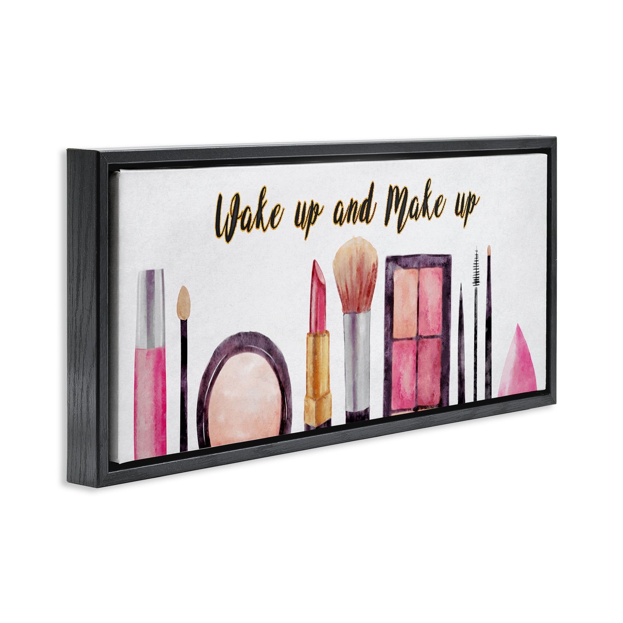 Stupell Industries Wake Up Make Up Watercolor Beauty & Fashion Painting Black Floater Framed Canvas Art Print Wall Art, 31 x 14