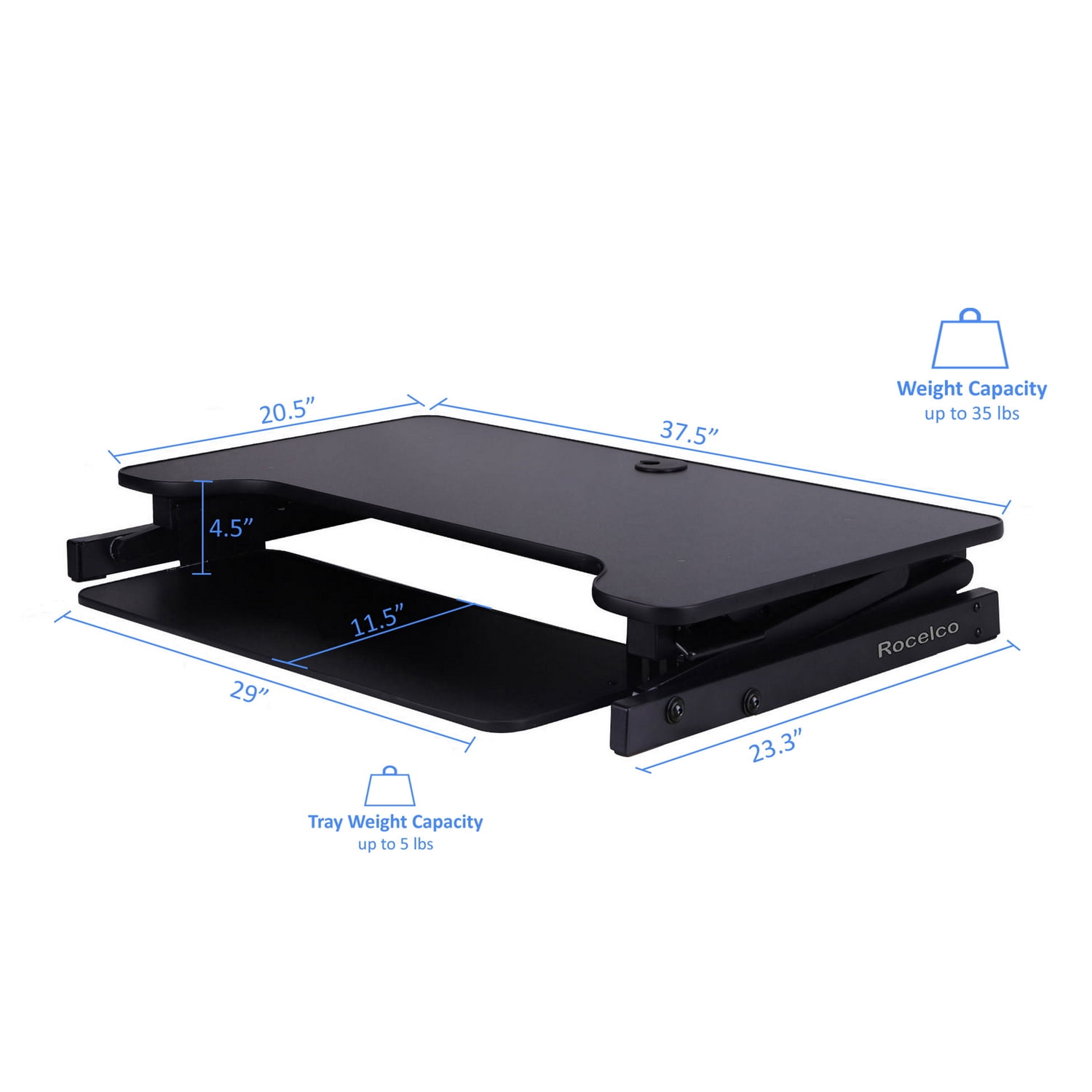 Rocelco 37.5" Deluxe Height Adjustable Standing Desk Converter in Black