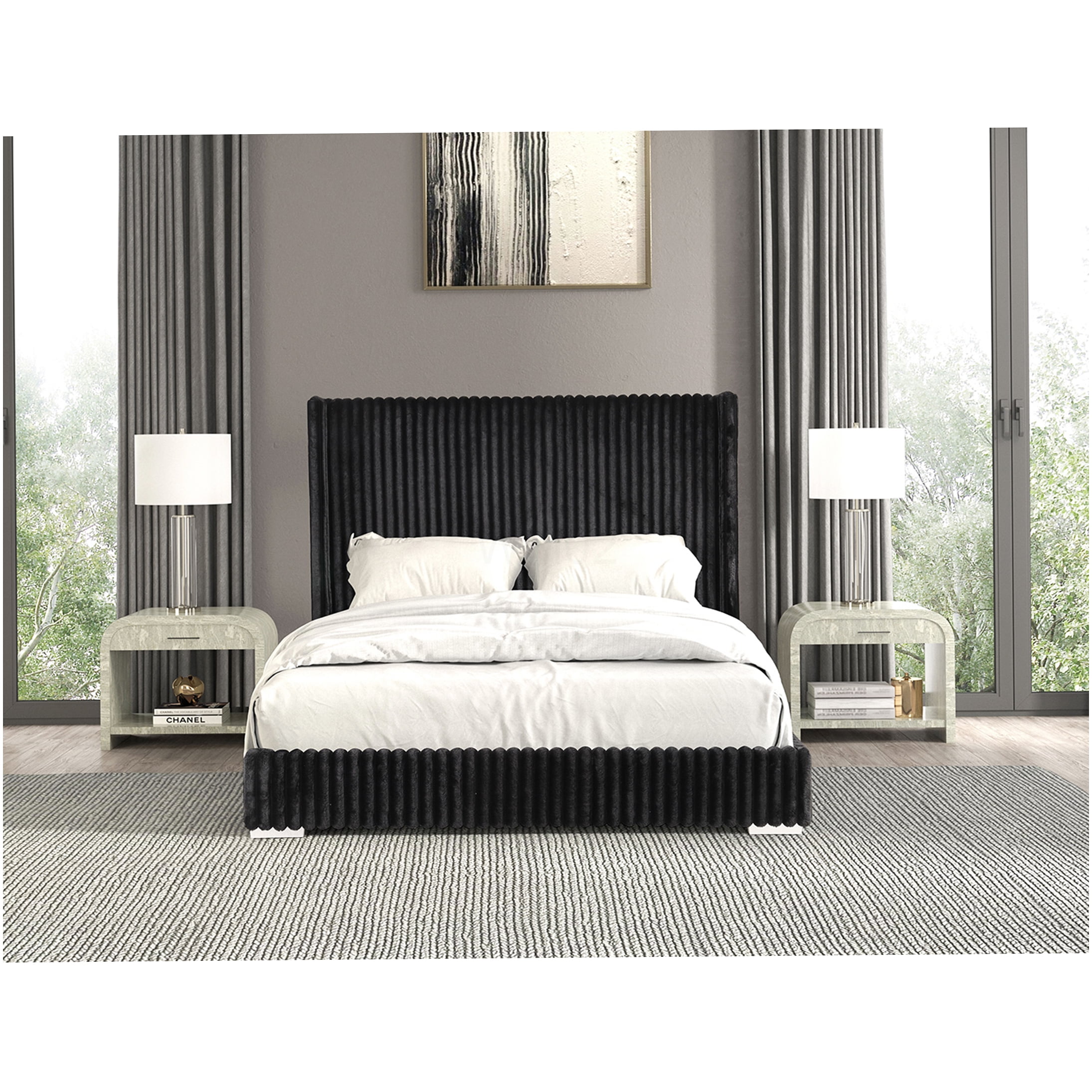Queen Upholstered Platform Bed Frame with Storage Base, Black Chenille Fabric, Modern Style Mattress Foundation, No Box Spring Required