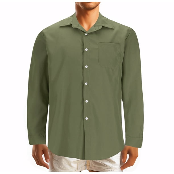 Blusa y camisa de manga larga con cuello vuelto para hombre, estilo casual, de color liso, con botones y bolsillos, de poliéster y algodón.