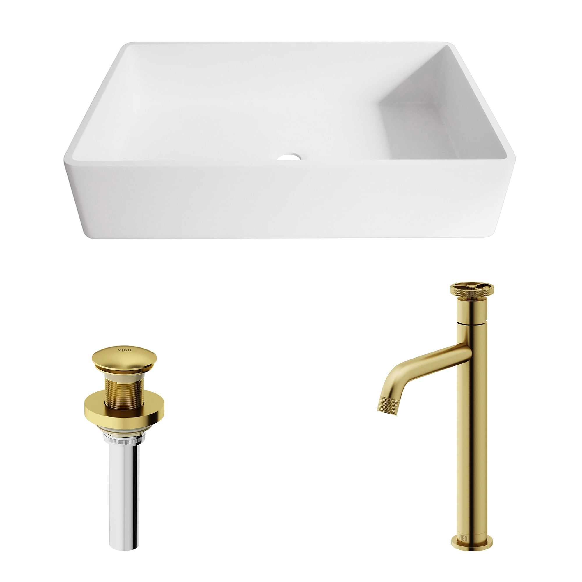 VIGO Matte Stone Magnolia Composite Rectangular Vessel Bathroom Sink in White with Cass Faucet and Pop-Up Drain in Matte Gold