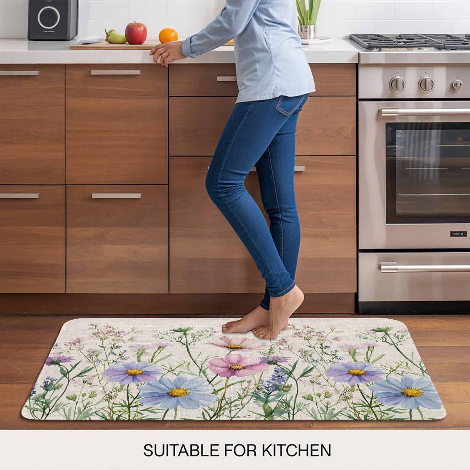 Spring Floral Doormat Outdoor Entrance 24"x36", Wildflowers Herbs Summer Botanical Vintage Absorb Moisture Dirt Door Mats, Non-Slip Rubber Backing Floor Mats Indoor, Low-Profile Front Door Rugs