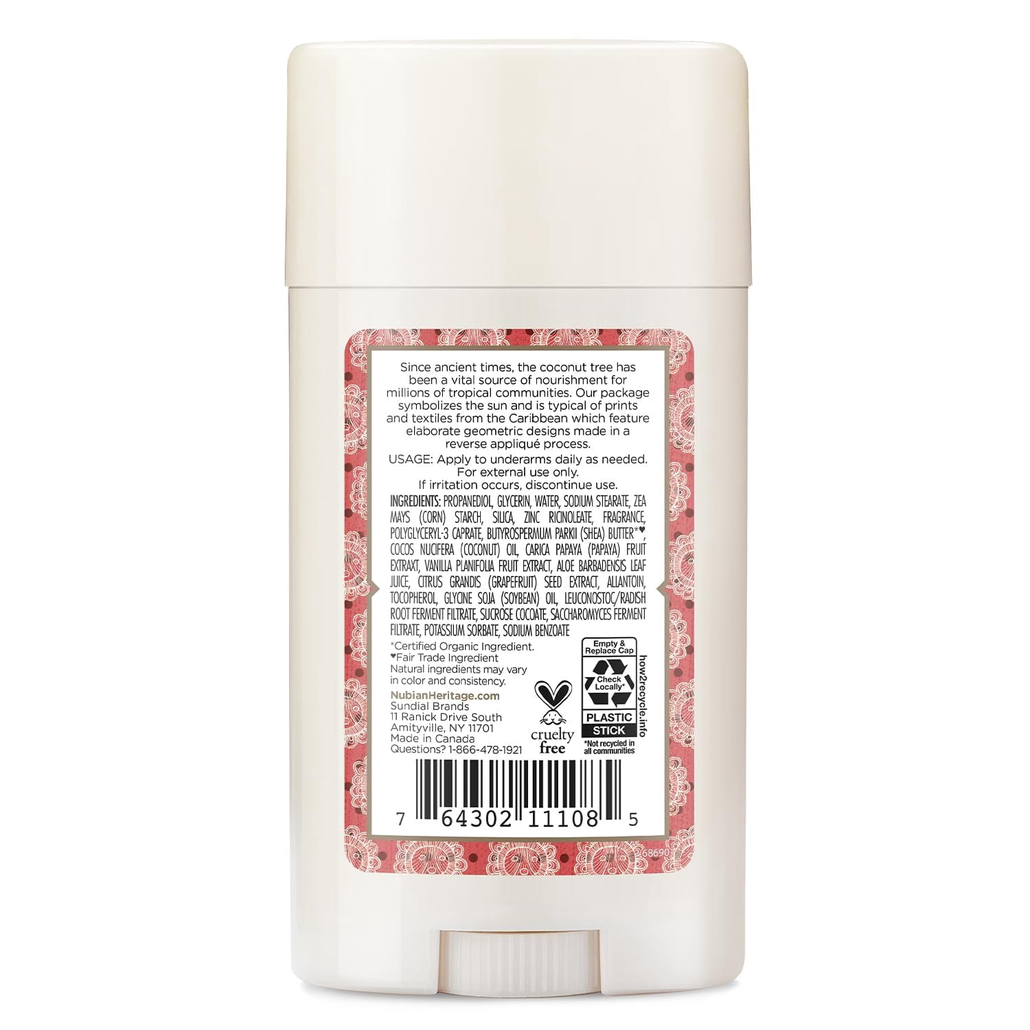 Nubian Heritage Coconut and Papaya 24 Hour Deodorant Stick - Pack of 3, Deodorant Stick 2.25 oz