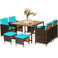 thumbnail image 2 of Costway 9PCS Patio Rattan Dining Set Cushioned Chairs Ottoman Wood Table Top Turquoise, 2 of 12