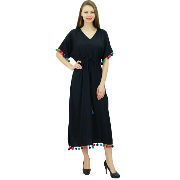 Bimba Women's Rayon Long Kaftan Dress With Pom Pom Designer Chic Maxi Caftan