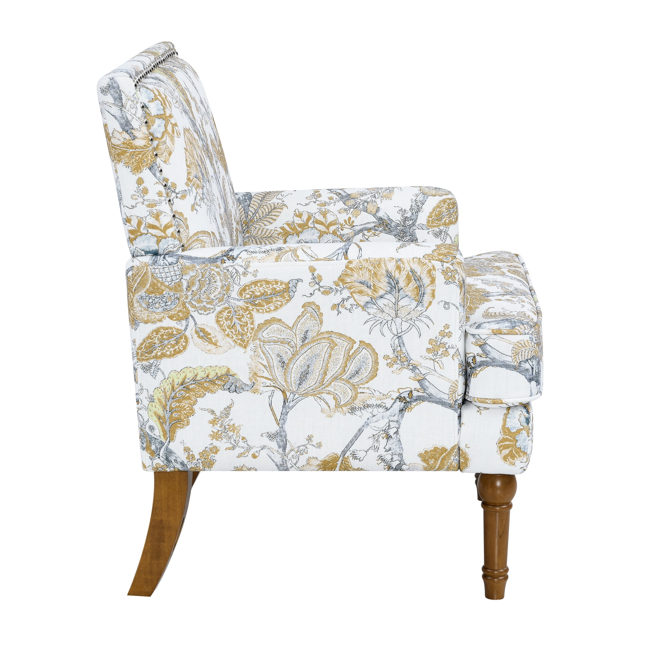 Noble House Floral Accent Chair with Nailhead Trim, Solid Wood Legs, Gold + Gray