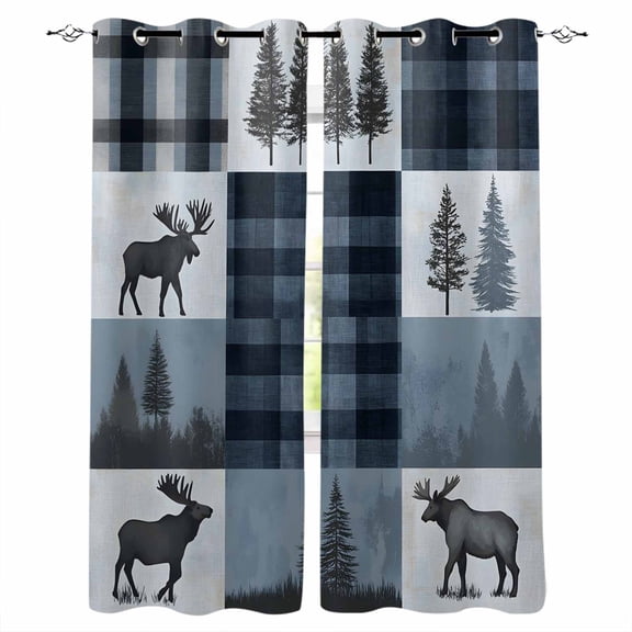 Navy Blue Plaid Blackout Curtains 54 Inches Long for Bedroom, Farmhouse Animals Tree Vintage Thermal Insulated Room Darkening Black Out Window Curtain Panels Grommet Drapes for Living Room