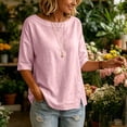 thumbnail image 5 of Womens Tops Elbow Length Sleeve Tshirts for Women Crew Neck Solid Color Button Summer Fall T-Shirts, 5 of 7