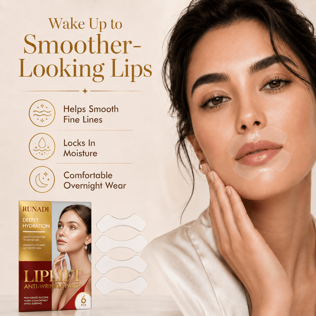 RUNADI Anti Wrinkle Patches for Lip and Smile Lines Care, Silicone Lip Wrinkle Patches for Smooth Crepey Skin Around Mouth, Reusable Wrinkle Patches for Face Overnight Support, 6 Pcs