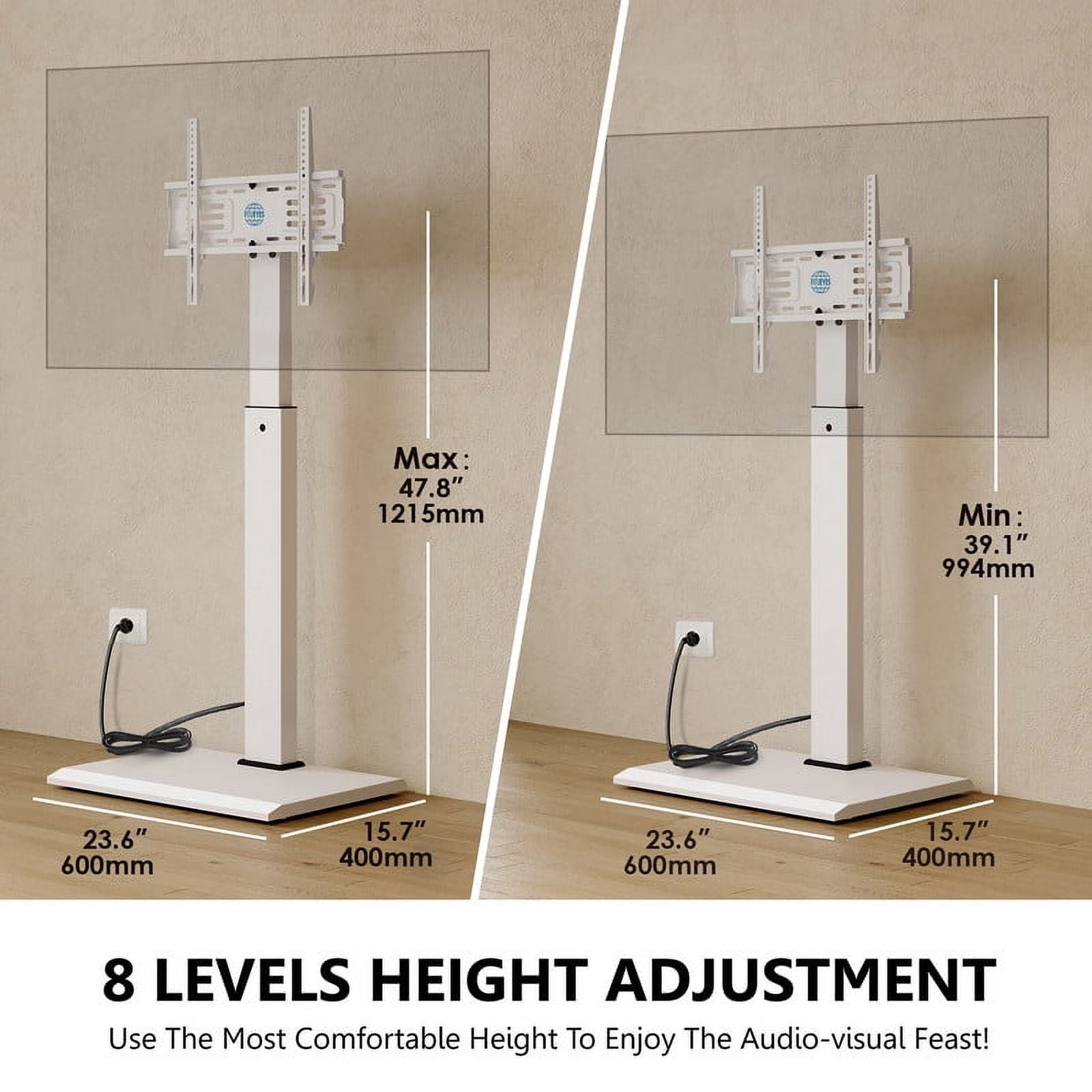 FITUEYES Modern White Swivel Floor TV Stand for TVs up to 65 inch Metal Base with Power Strip Mount