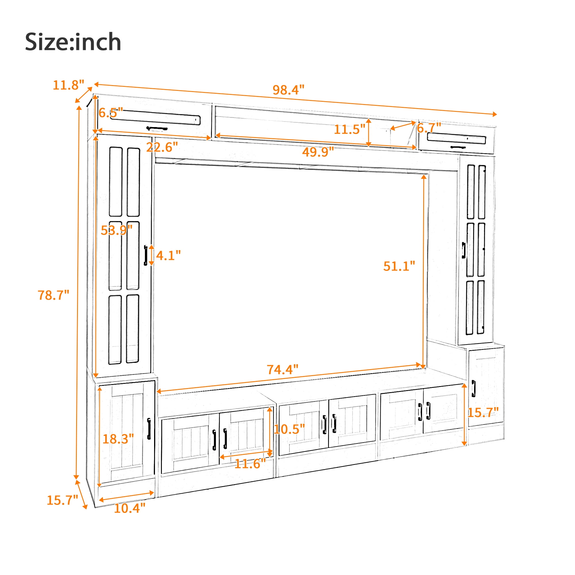 Aukfa Modern 98.4" Wall Unit TV Stand for TVs up to 80",Entertainment Center with Glass Doors & Storage Cabinets for Living Room Furniture, Black