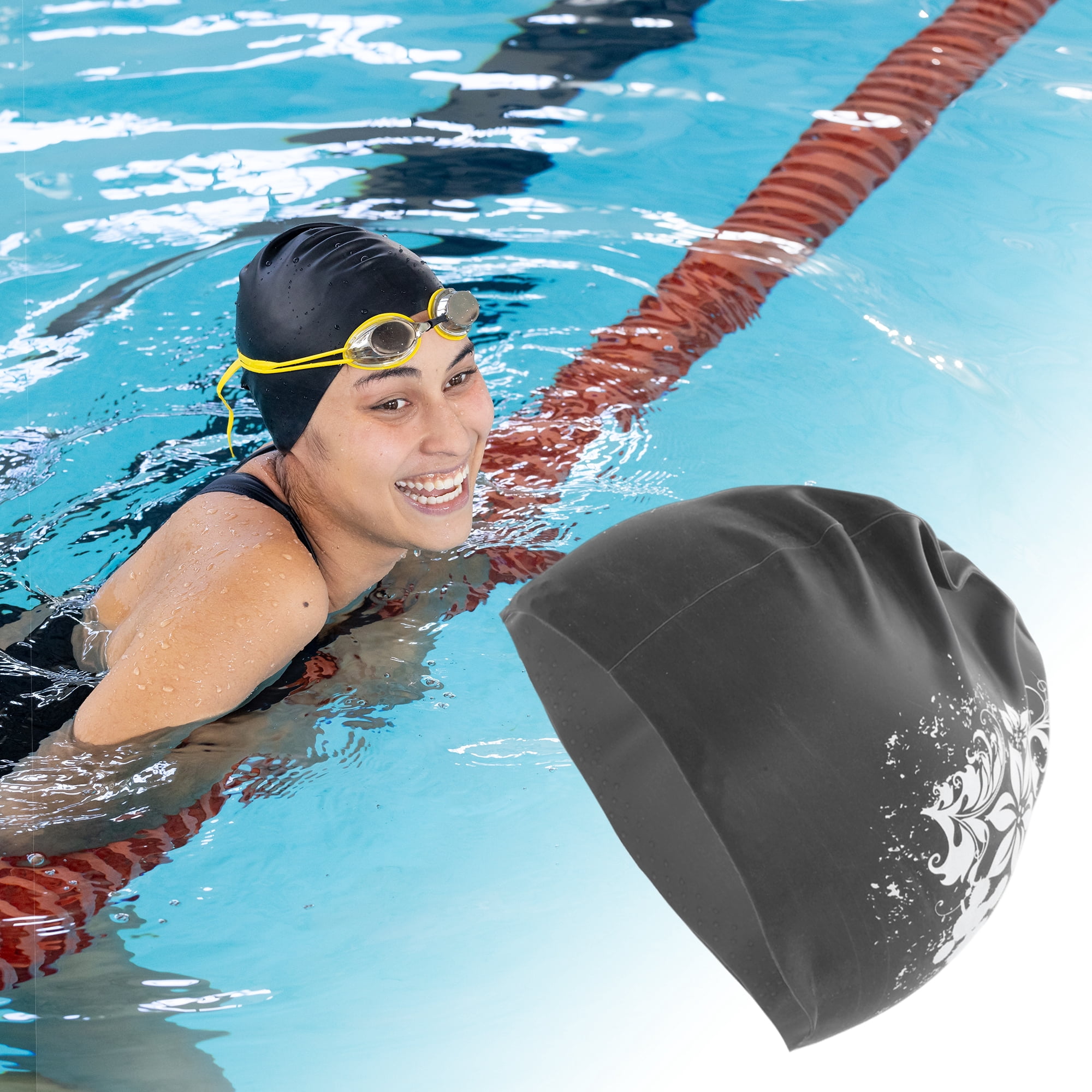 Unique Bargains Floral Pattern Swim Cap 1Pc Black
