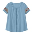 thumbnail image 6 of Ashirexll Summer Tops for Women Casual Linen Blouse Short Sleeve Floral Embroidery Lace Detail Summer Top for Daily, 6 of 7