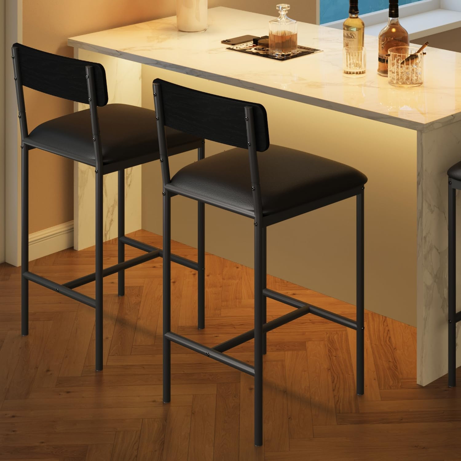 Fanciabor Counter Height Bar Stools with Back and Footrest, PU Upholstered, Rustic Black (Set of 2)
