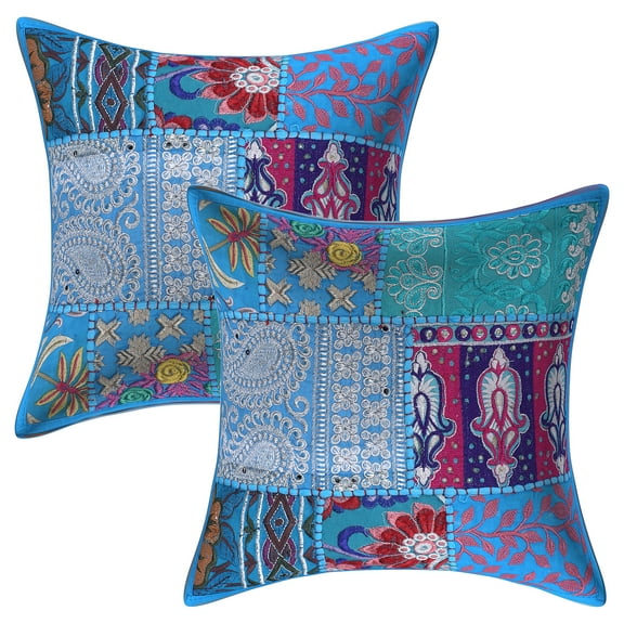 Stylo Culture Ethnic Cotton Decorative Throw Pillow Covers Turquoise 12 x 12 Bohemian Vintage Patchwork Ethnic Sofa Cushion Covers 30x30 cm Home Decor Abstract Square Pillow Cases | Set Of 2