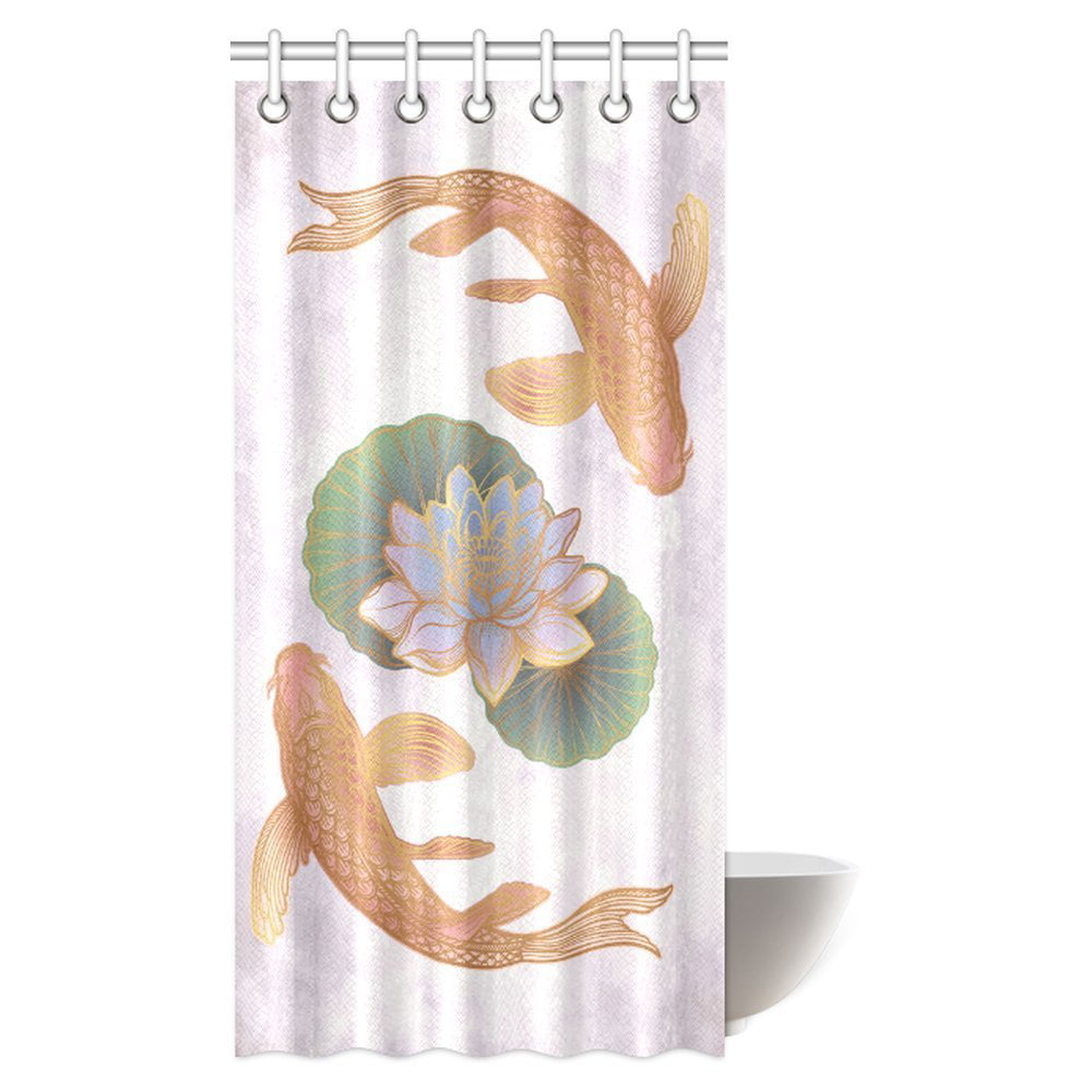 Lotus Fish Zen Pool Waterproof Fabric Shower Curtain Bathroom Hook Set 72"x72" 