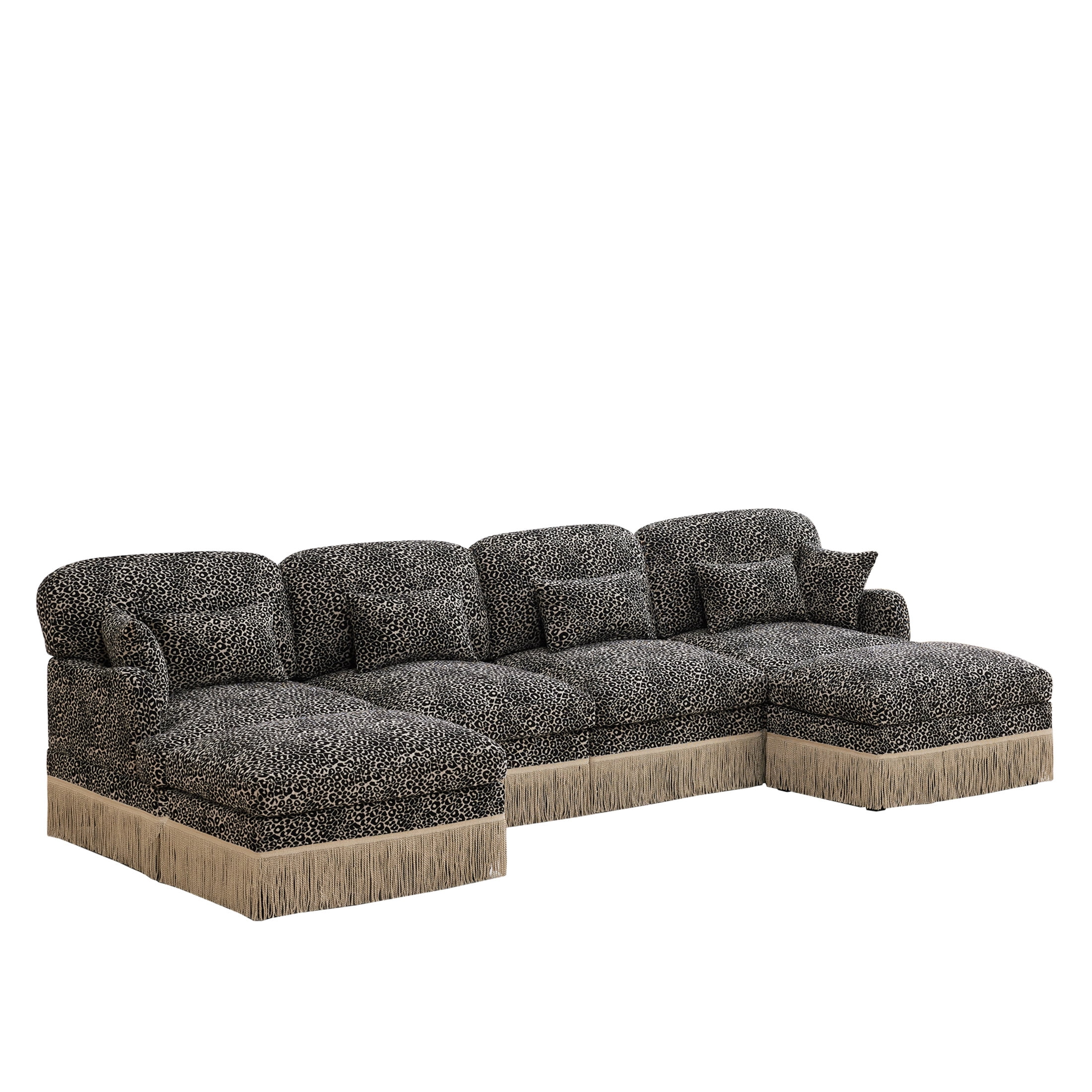 Noble House Carola Leopard Print Chenille 4-Seater Sofa, Modular Sectional Couch with 2 Ottomans and Tassel Trim, Khaki