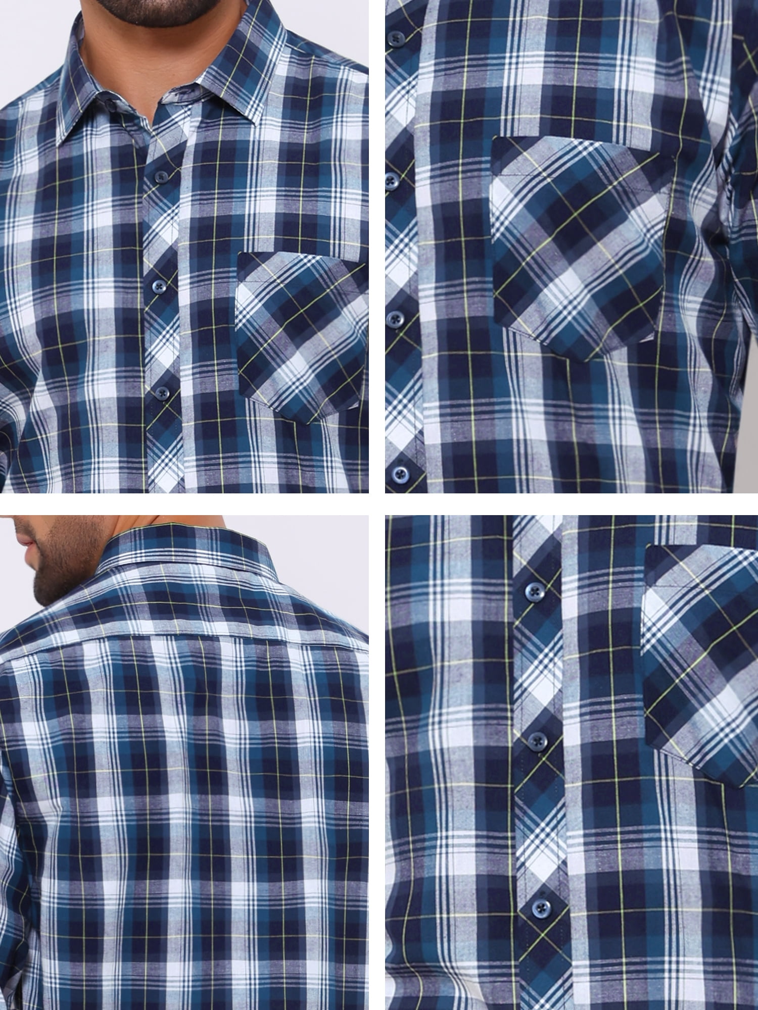 DARING DIVA Men's Long Sleeve Checked Shirt Point Collar Button Plaid Shirt XL Navy Black