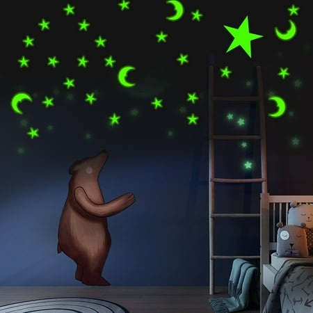 200pcs Self-Adhesive Cute 3D Star Moon Glow In The Dark Wall Sticker Home Ceiling Decor Room Decal Mural Vinyl Art DIY Non-toxic Christmas (Best Glow In The Dark Stars For Ceiling)