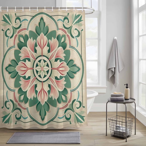 Bathroom Shower Curtain Abstract Pink Green Flower Texture Waterproof Shower Curtains with Hooks, Retro Stripe Floral on Flax Bath Curtains Bathtub Curtain Home Decor 36x72in
