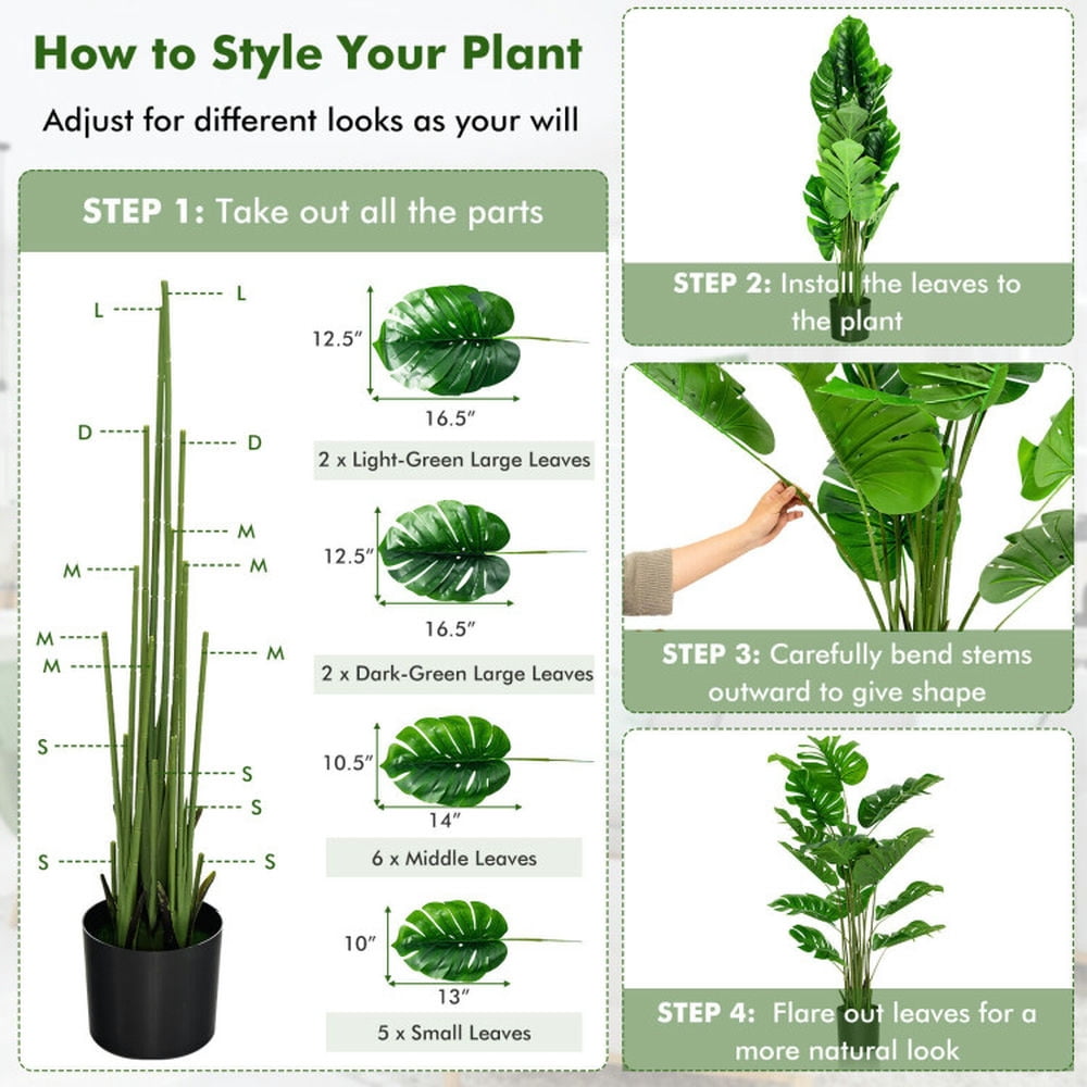 Spaco 2-Piece Artificial Monstera Tree Set, 5 Feet Artificial Tree with 15-Piece Large and Wide Leaves, Fake Plant for Indoor and Outdoor, Green