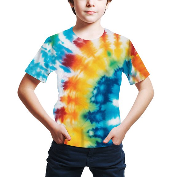 Elabch Kids T Shirt Teen Boys Short Sleeve Tshirt Fashion Digital Tie Dye Printing Tee Summer Crewneck Cotton Tops Size 4Y-16Y