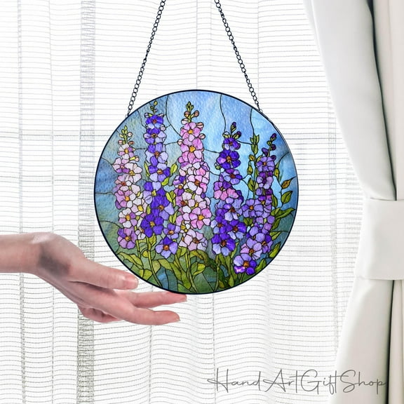 July Birth Flower Stained Glass Suncatcher, Larkspur Floral Window Hanging, Larkspur Suncatcher, Purple Wildflower Sun Catcher Gift for Mom, 2D Printed, 1-sided Sun Catcher