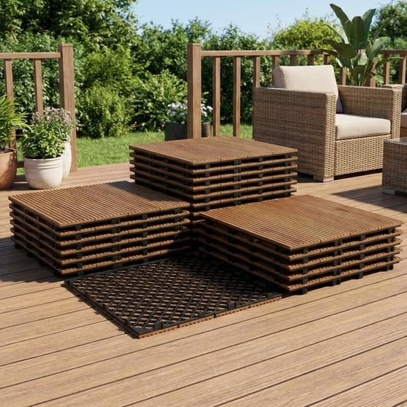 EuKer Interlocking Deck Tiles, 11.81" x 11.81" Outdoor Flooring for Balcony, Poolside, Patio, Set of 22, Brown