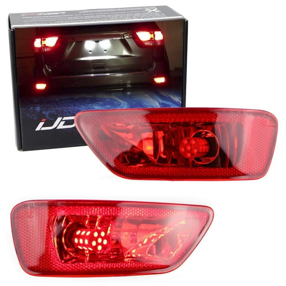 Complete LED Rear Fog Light Kit For Jeep 2011-21 Grand Cherokee WK2, Compass & Dodge Journey, Includes Brilliant Red LED Bulbs, Red Lens Foglamp Assemblies & Wiring Harnesses