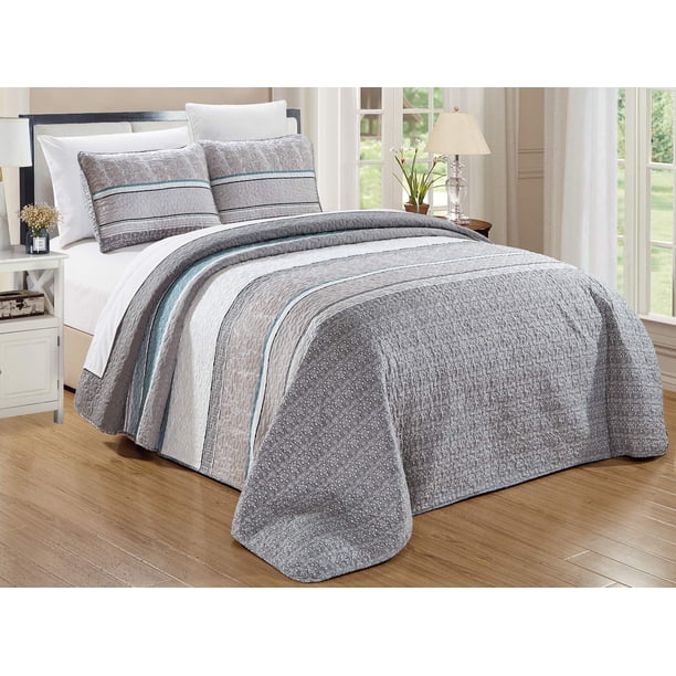 GrandLinen - Juego de edredón de 3 piezas con estampado fino de gran tamaño (118 x 95), colcha reversible para todas las estaciones (California), funda de cama tamaño King (gris, verde azulado, rayas
