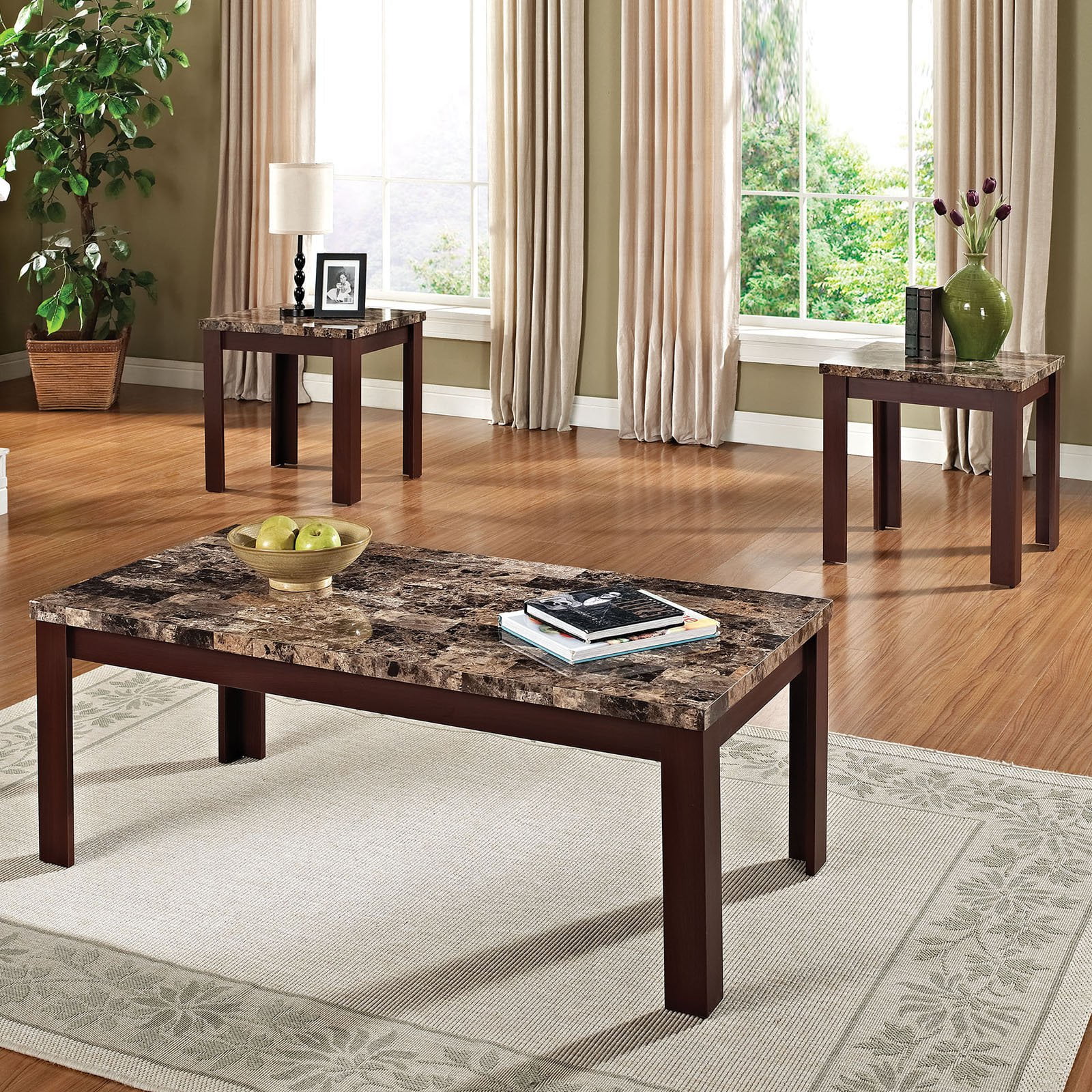 Faux Marble 3 Piece Coffee and End Table Set, Brown and Cherry