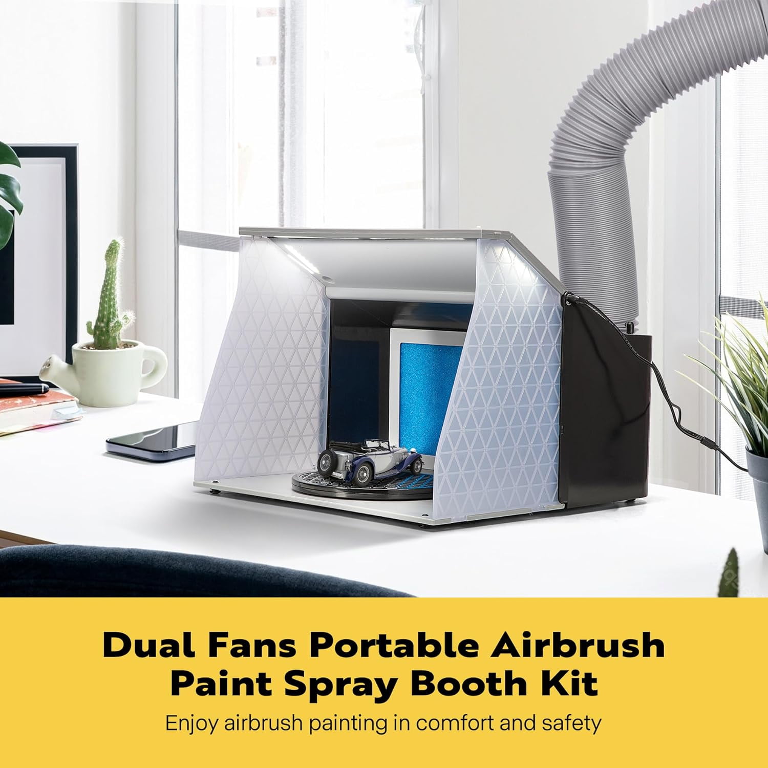 SPECSTAR Dual Fans Airbrush Paint Spray Booth with 4 LED Lights Turn Table and Filter Hose, Portable Airbrush Booth for Painting Model Craft Black