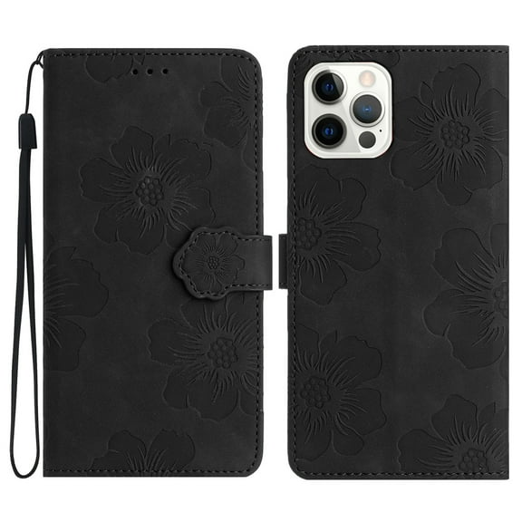 Jiahe Cover for iPhone 12 Pro Max, Wallet Phone Case,Premium Flip Leather with Hand Strap Shockproof Flower Pattern Case with Magnetic Clasp Card Holder Kickstand Case Cover, black