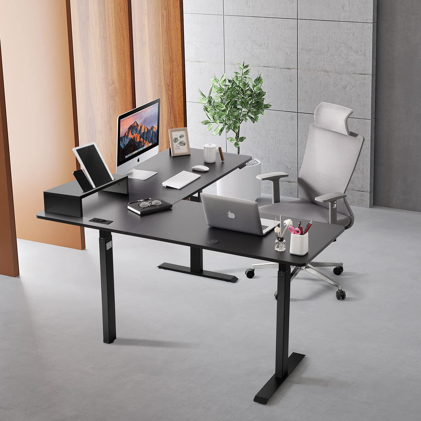 UNICOO® L-Shaped Triple Motor Electric Height Adjustable Standing Desk - Gaming & Home Office Corner Desk, with Easy Touch Control & Solid Steel Construction (Black Top/Black Frame - XOT-L3E-BB)