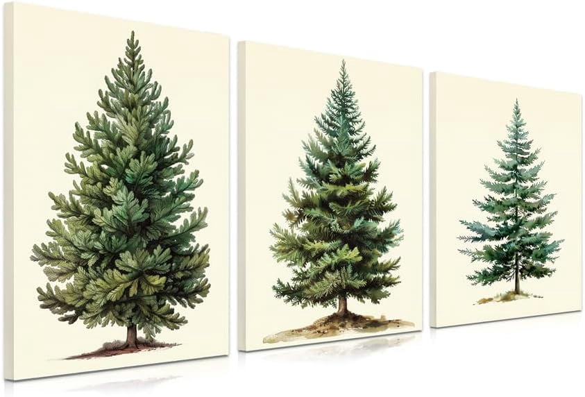 Christmas Trees Canvas Wall Art - Set of 3 Framed 12 X 16 Inch Netural Vintage Christmas Trees Picture Earth Tones Green Christmas Painting Wall Decor Art Print for Holiday Living Room Bedroom Office