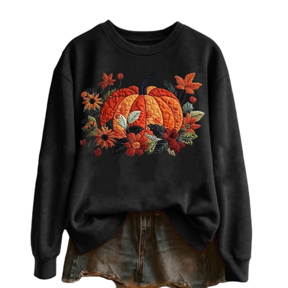 Halloween Sweatshirt For Women Floral Pumpkin Graphic Crew Neck Long Sleeve Fall Winter Top Loose Fit Casual Pullover Sweatshirts