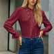 thumbnail image 3 of Blusa retro de encaje con volantes, de manga larga, color rojo oscuro, hueca, de un solo pecho y color puro, talla XL, 3 of 6