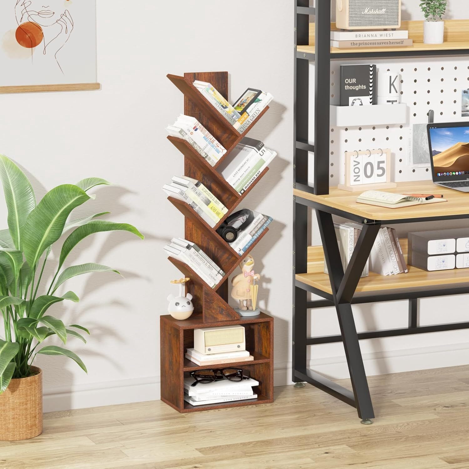 LELELINKY 7-Tier Wooden Bookcase with 2 Shelves, Free Standing Tree Bookshelf for Home Office, Rustic Brown