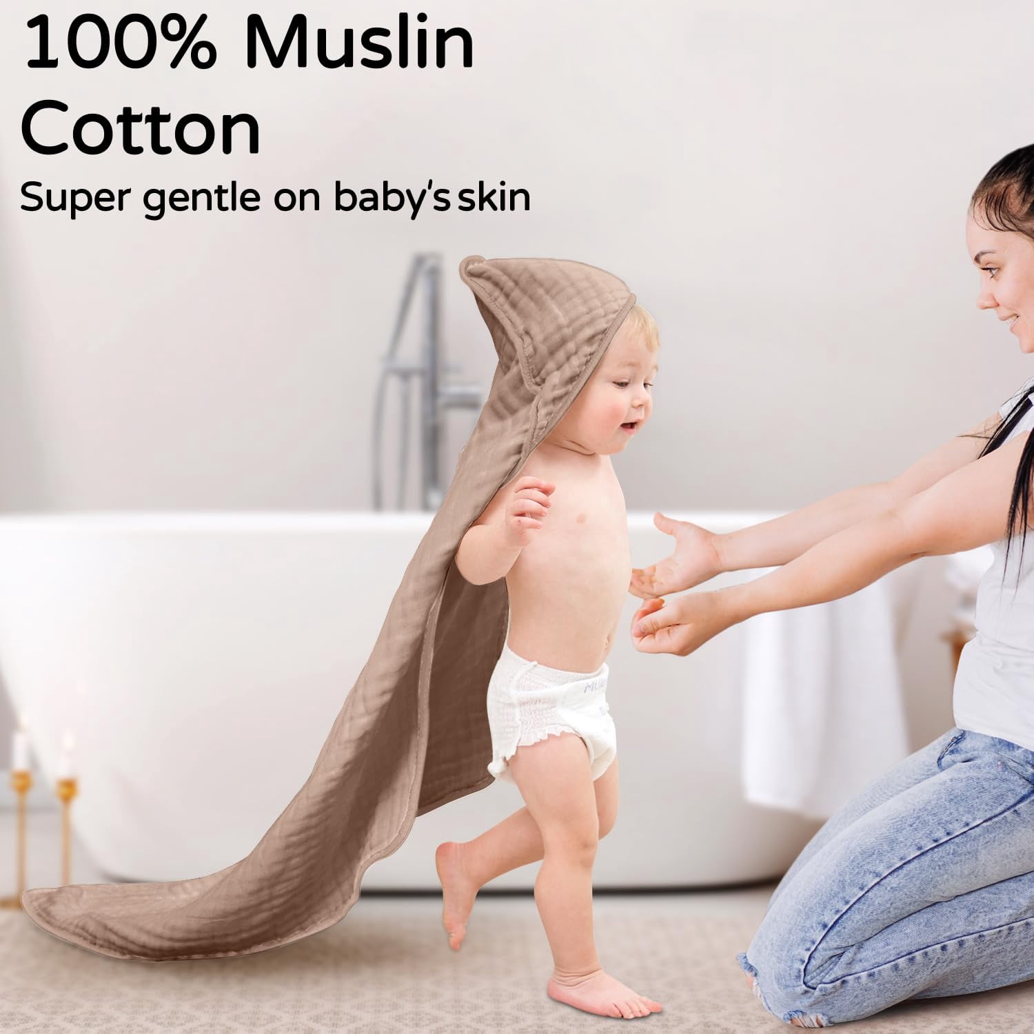 Hooded Baby Towels for Newborn 2 Pack 100% Muslin Cotton Baby Bath Towel with Hood for Babies, Infant, Toddler and Kids, Large 32x32Inch, Soft and Absorbent Newborn Essential