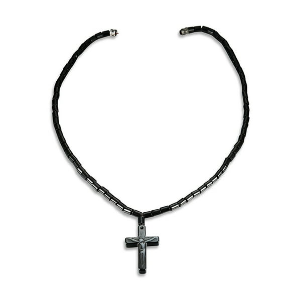 Fashion Men's Artificial Hematite Bead Cross Crucifix Jesus Pendant Necklace