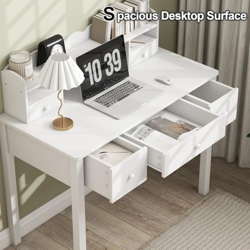 White Writing Desk with Hutch & 5 Drawers - 40 Inch Modern Computer Workstation for Home Office, Teen Desk, Small Study Desk, Ideal for Gift